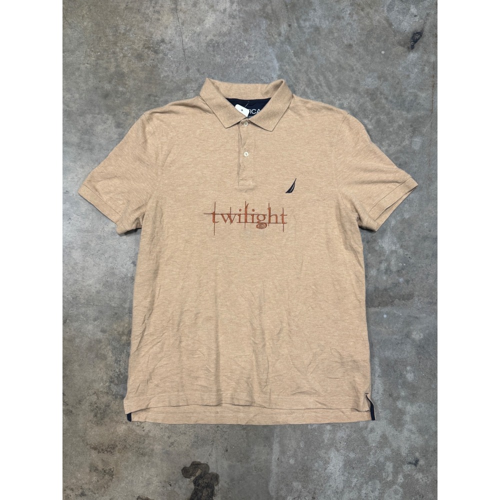 Nautica Men L Tan Twilight Graphic Classic Fit Short Sleeve‎ Polo Shirt Cotton